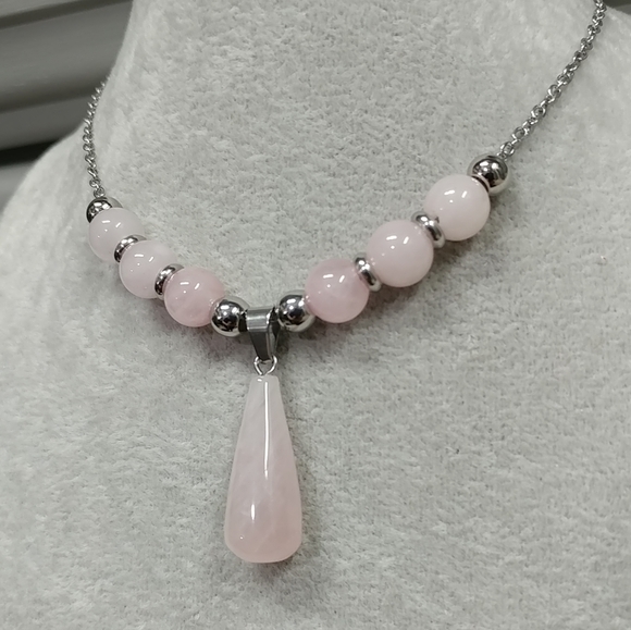 Rose Quartz Beaded Necklace Natural Gemstone Crystal Pendant Stainless-Steel - Picture 6 of 14